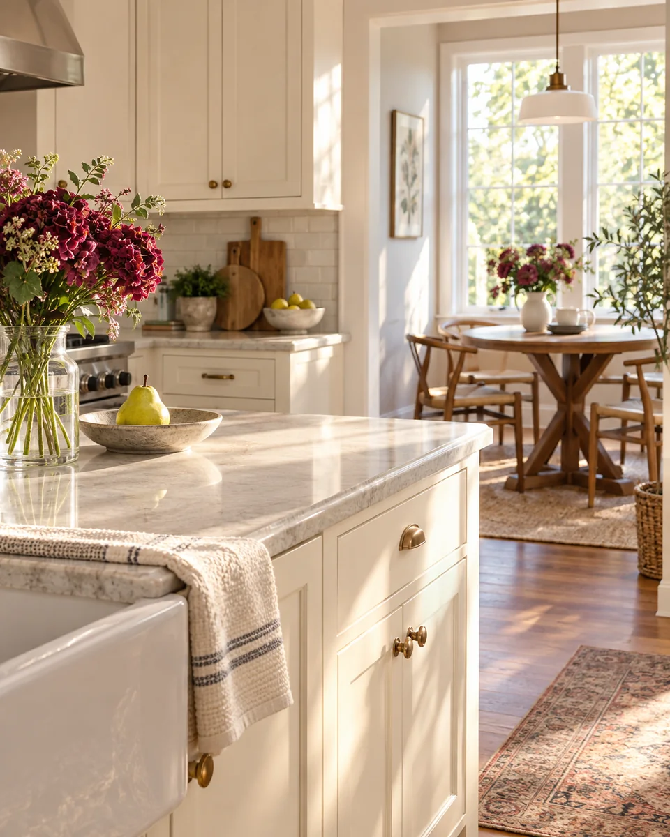 Sunlight across a clean cream kitchen with burgundy flowers and a green pear